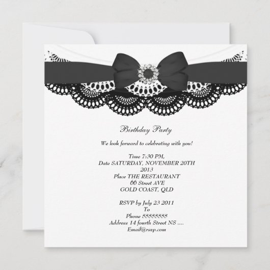 誕生日パーティー白黒ダイヤモンドイメージ 招待状 (裏面)