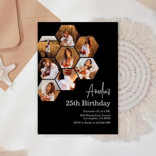 誕生日パーティー白黒フォトコラージュ 招待状