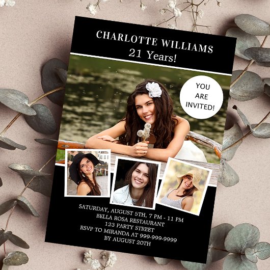 誕生日パーティー白黒写真コラージュの贅沢 招待状