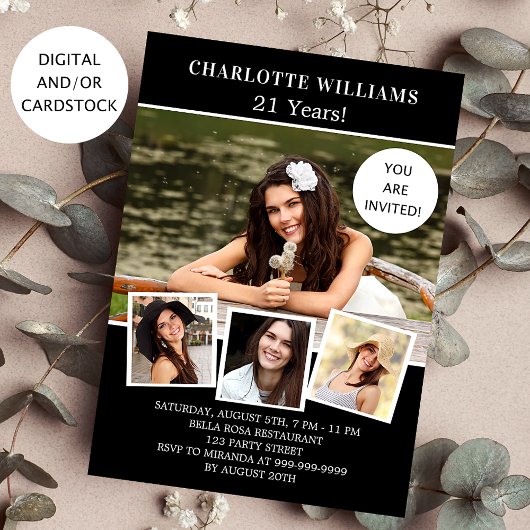 誕生日パーティー白黒写真コラージュ 招待状