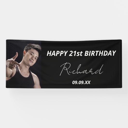 誕生日パーティー白黒写真モダン男 横断幕 (横)