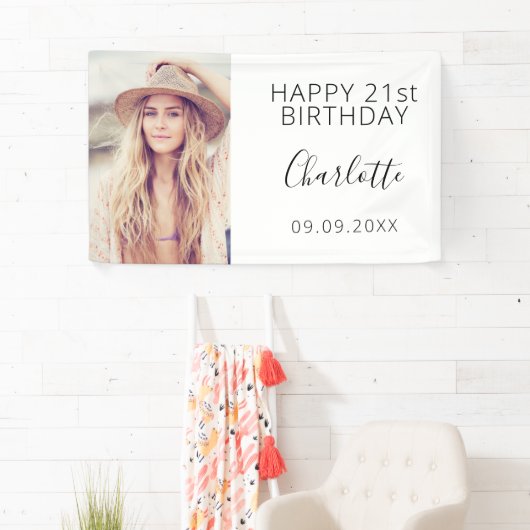 誕生日パーティー白黒写真女性 横断幕 (インサイチュ)