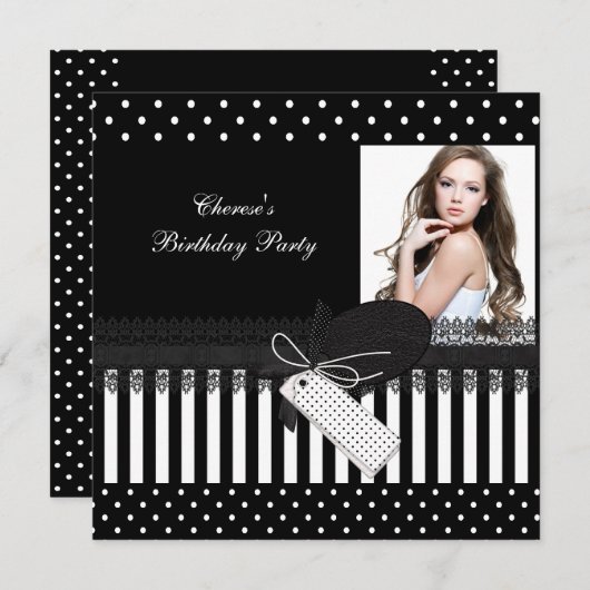 誕生日パーティー白黒水玉模様写真 招待状 (正面/裏面)