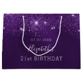 誕生日パーティー紫のグリッターの輝きの名前 ラージペーパーバッグ (正面)