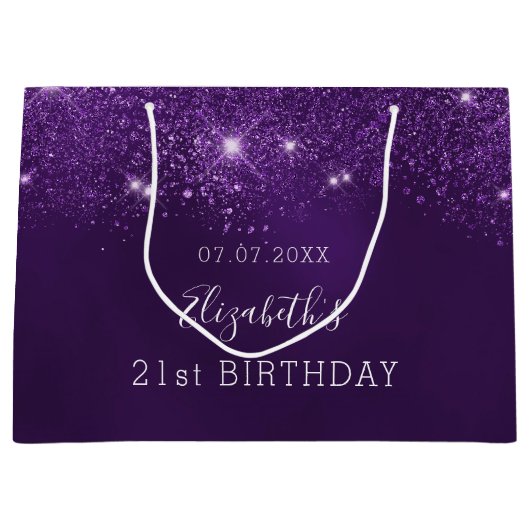 誕生日パーティー紫のグリッターの輝きの名前 ラージペーパーバッグ (正面)