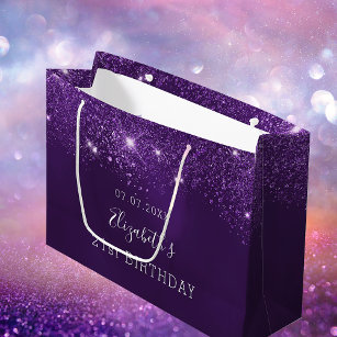 誕生日パーティー紫のグリッターの輝きの名前 ラージペーパーバッグ