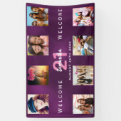 誕生日パーティー紫の写真コラージュへようこそ 横断幕 (縦)