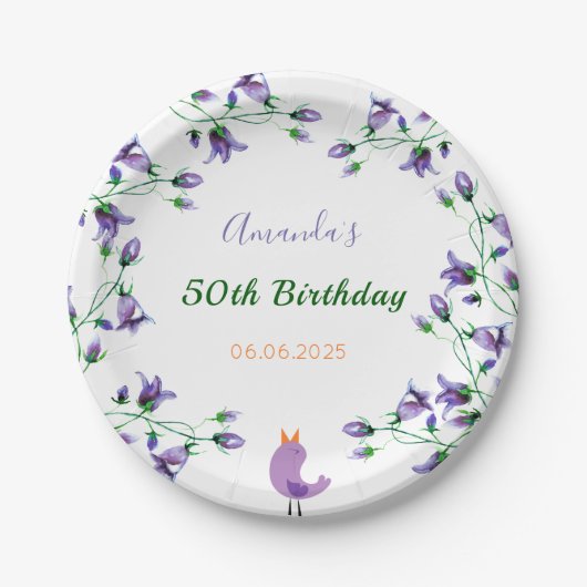 誕生日パーティー紫の花模様ブルーベルホワイト ペーパープレート (正面)