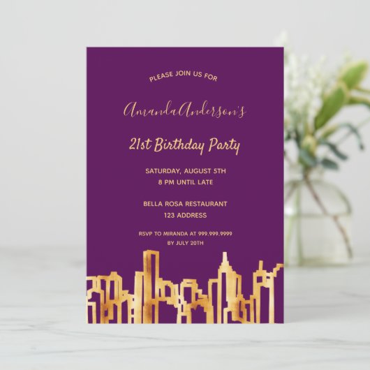誕生日パーティー紫の金ゴールドの街のスカイライン 招待状 (スタンド正面)