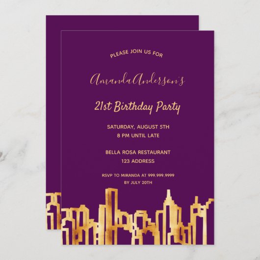 誕生日パーティー紫の金ゴールドの街のスカイライン 招待状 (正面/裏面)