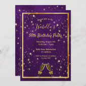 誕生日パーティー紫の金ゴールドバブルおもしろい 招待状 (正面/裏面)