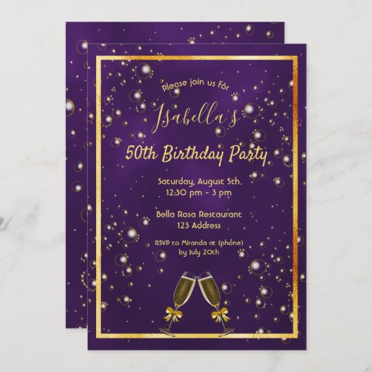 誕生日パーティー紫の金ゴールドバブルおもしろい 招待状 (正面/裏面)