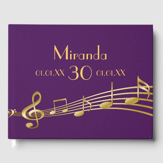 誕生日パーティー紫の金ゴールドミュージックノート名 ゲストブック (正面)