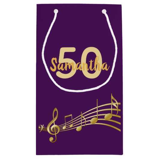 誕生日パーティー紫の金ゴールドミュージックノート名 スモールペーパーバッグ (裏面)