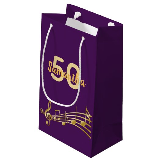 誕生日パーティー紫の金ゴールドミュージックノート名 スモールペーパーバッグ (裏面アングル)