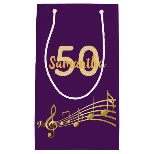 誕生日パーティー紫の金ゴールドミュージックノート名 スモールペーパーバッグ (正面)