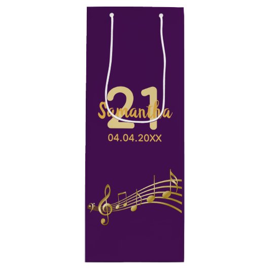 誕生日パーティー紫の金ゴールドミュージックノート名 ワインギフトバッグ (正面)