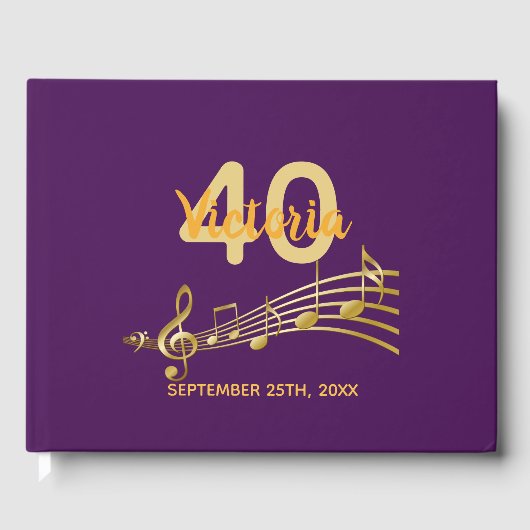 誕生日パーティー紫の金ゴールドミュージックノート ゲストブック (正面)