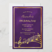誕生日パーティー紫の金ゴールドミュージックノート 招待状 (正面)
