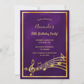 誕生日パーティー紫の金ゴールドミュージックノート 招待状 (正面)