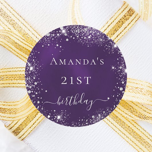 誕生日パーティー紫の銀グリッター名 ラウンドシール