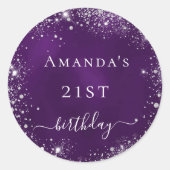 誕生日パーティー紫の銀グリッター名 ラウンドシール (正面)
