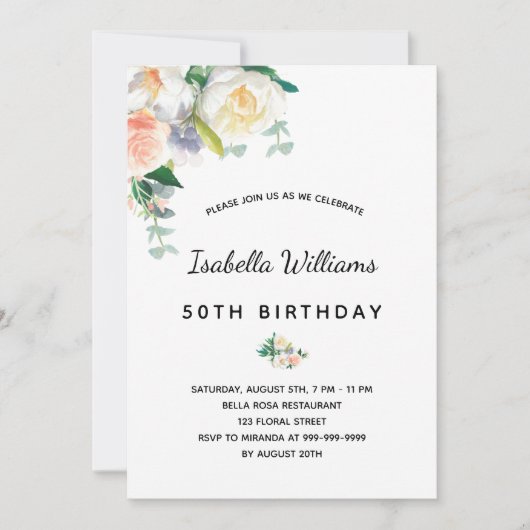 誕生日パーティー花模様ホワイトローズ金ゴールドピンク 招待状 (正面)