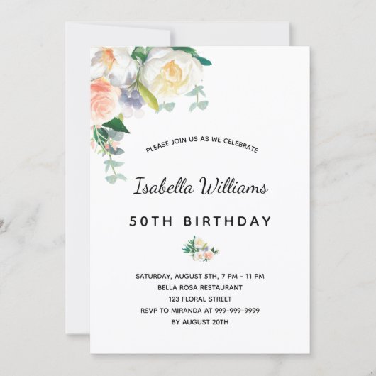 誕生日パーティー花模様ホワイトローズ金ゴールドピンク 招待状 (正面)