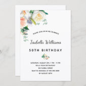 誕生日パーティー花模様ホワイトローズ金ゴールドピンク 招待状 (正面/裏面)