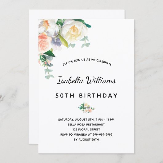 誕生日パーティー花模様ホワイトローズ金ゴールドピンク 招待状 (正面/裏面)