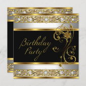 誕生日パーティー華美ブラック金ゴールドホワイトイメージ 招待状 (正面/裏面)