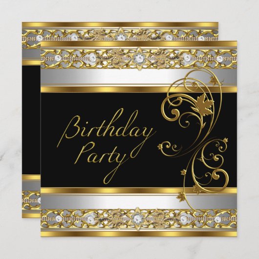 誕生日パーティー華美ブラック金ゴールドホワイトイメージ 招待状 (正面/裏面)