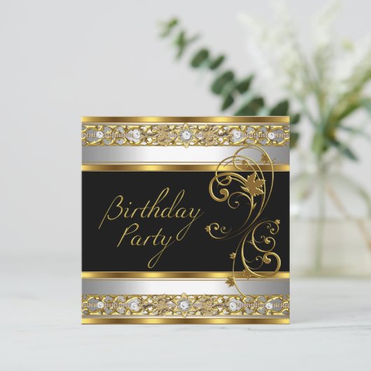 誕生日パーティー華美ブラック金ゴールドホワイトイメージ 招待状 (スタンド正面)