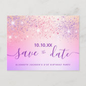 誕生日パーティー虹のグリッターピンク日付を保存 ポストカード (正面)
