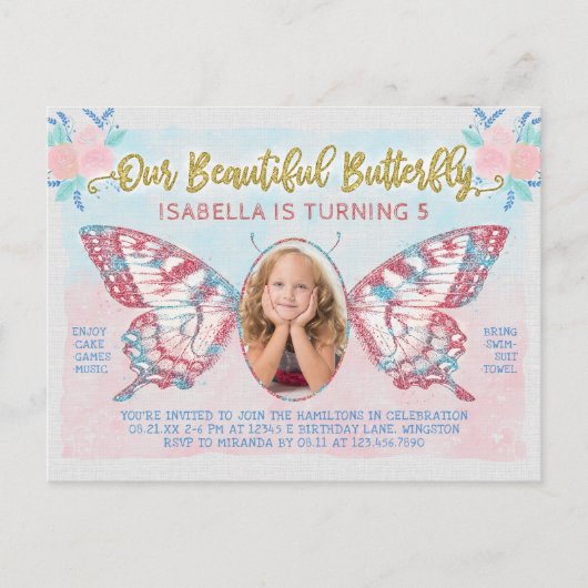誕生日パーティー蝶フォトガールズカワイキッドピンク インビテーションポストカード (正面)