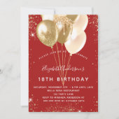 誕生日パーティー赤い金ゴールドグリッターバルーン 招待状 (正面)