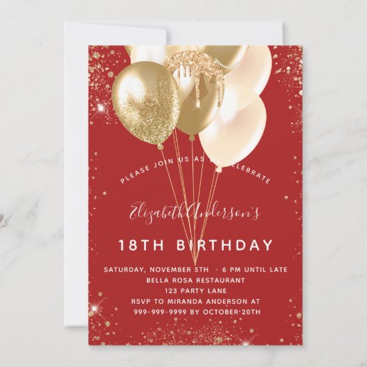 誕生日パーティー赤い金ゴールドグリッターバルーン 招待状 (正面)