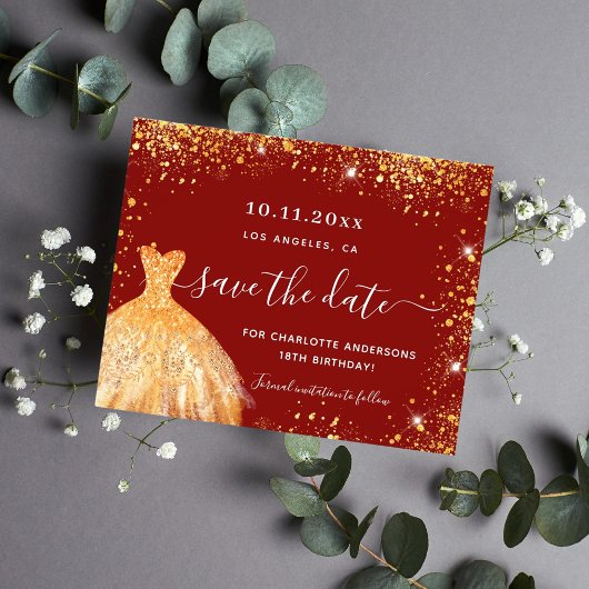 誕生日パーティー赤い金ゴールドドレスの予算の日付を保存 チラシ