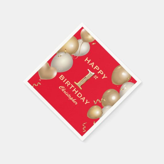 誕生日パーティー赤と金ゴールドバルーン スタンダードカクテルナプキン (角)