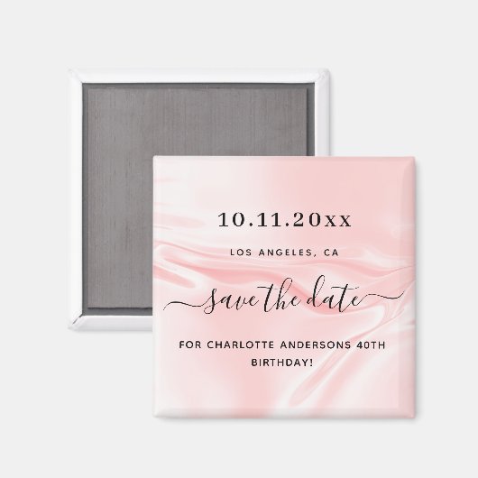 誕生日パーティー赤面ピンクのシルクサテンの日付を保存 マグネット (正面/裏面)