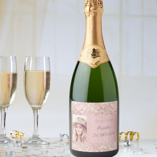 誕生日パーティー赤面ピンクのバラグリッターほこり写真 スパークリングワインラベル