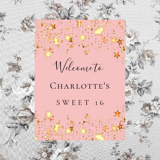 誕生日パーティー赤面ピンクの金ゴールドスターへようこそ ポスター