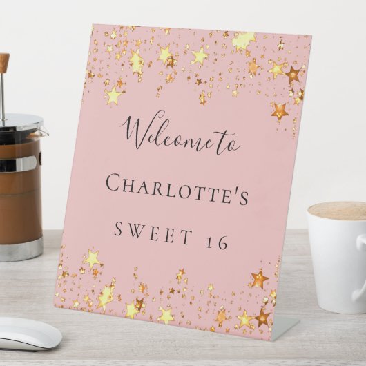 誕生日パーティー赤面ピンクの金ゴールドスターへようこそ 台座サイン (インサイチュ)