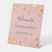 誕生日パーティー赤面ピンクの金ゴールドスターへようこそ 台座サイン (正面)