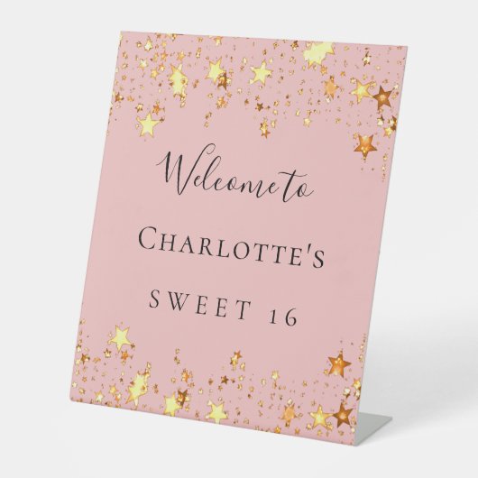 誕生日パーティー赤面ピンクの金ゴールドスターへようこそ 台座サイン (正面)