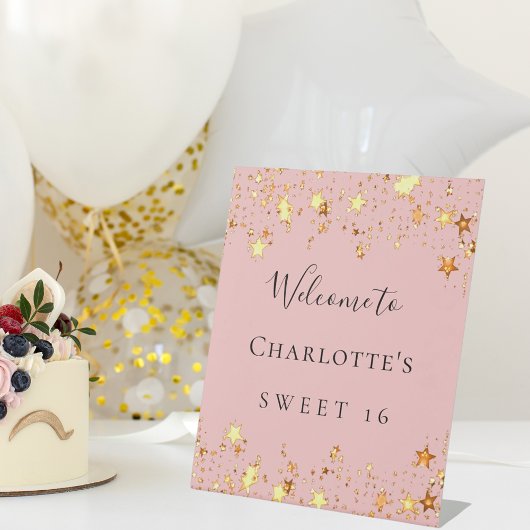 誕生日パーティー赤面ピンクの金ゴールドスターへようこそ 台座サイン