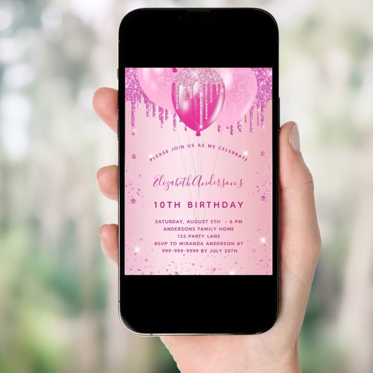 誕生日パーティー赤面ピンクグリッターバルーン女の子 招待状