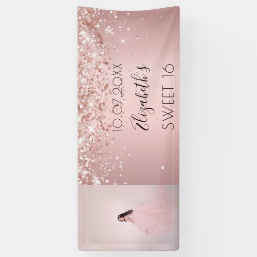 誕生日パーティー赤面ピンクグリッター写真へようこそ 横断幕 (縦)