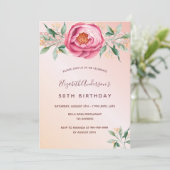 誕生日パーティー赤面ピンクローズ金ゴールドフローラグリッター 招待状 (スタンド正面)
