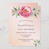 誕生日パーティー赤面ピンクローズ金ゴールドフローラグリッター 招待状 (正面/裏面)